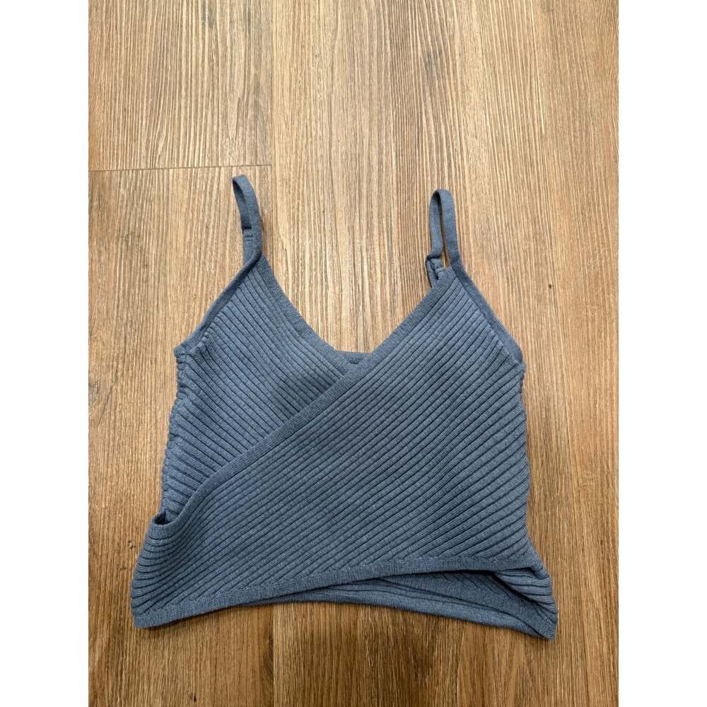 Aerie Women Small Dusty Blue Ribbed Wrap Front Knit Camisole‎ Cropped Tank Top